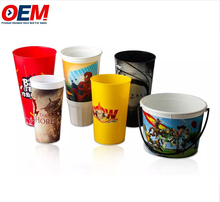 OEM良質のコンテナは、プロモーション用の蓋付きカスタムプリントプラスチック漫画ポップコーンバケツ浴槽カップ